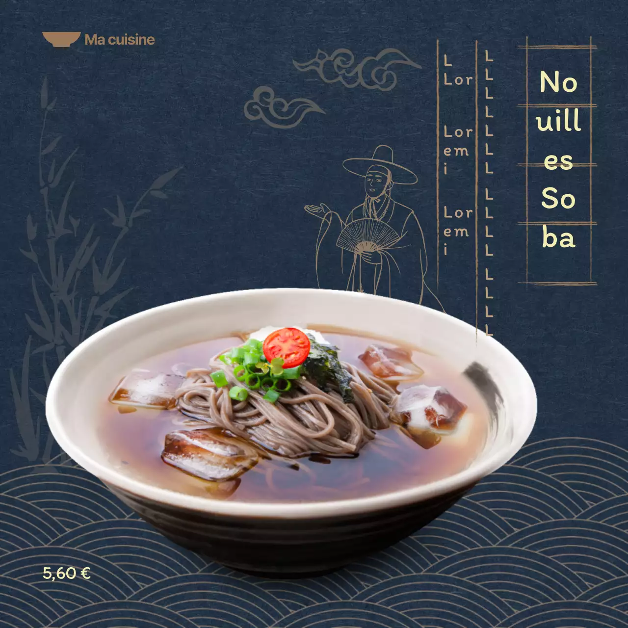 Menu d'été sur fond bleu marine avec illustrations orientales