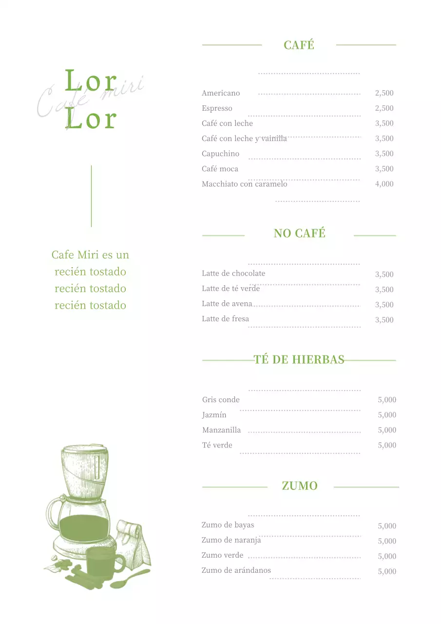 Ilustración a bolígrafo cartel de menú de cafetería en blanco y verde lima