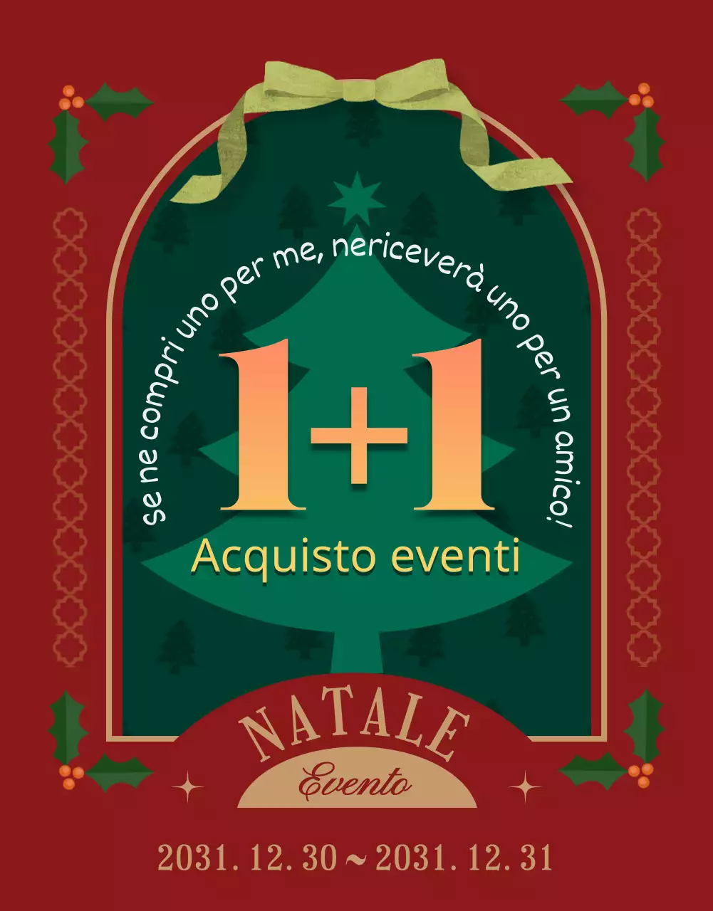 Evento natalizio "compra uno, prendi uno gratis" con sfondo rosso e decorazioni per l'albero