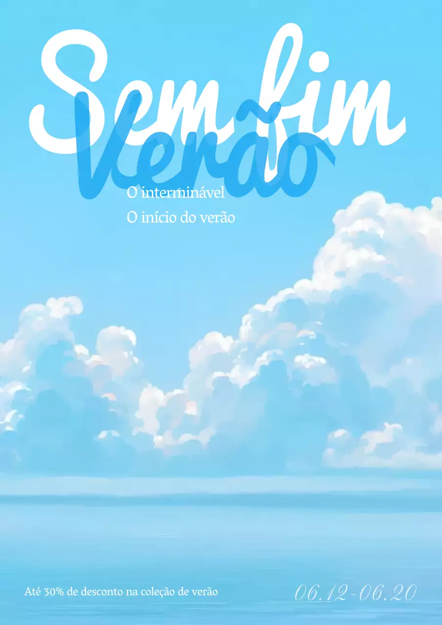 Anúncio de saldos de verão fresco e refrescante com fundo de ilustração de céu e nuvens