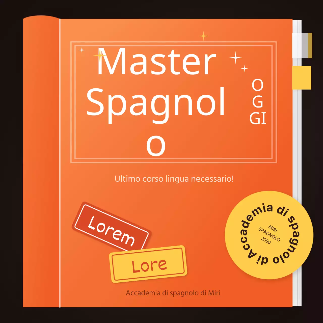 arancione giallo marrone libro illustrazione accademia inglese cartolina pubblicitaria novità
