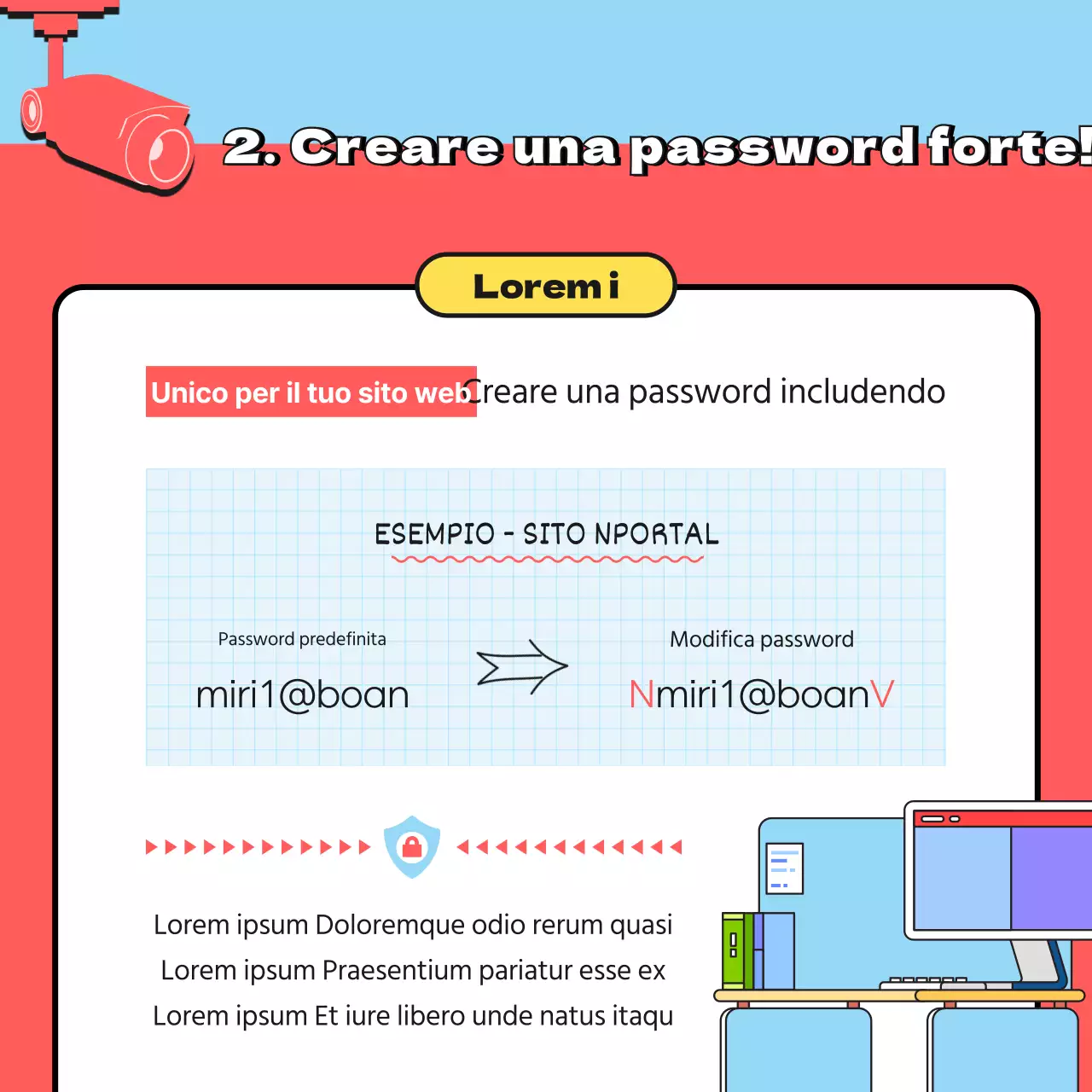Campagna informativa sulla sicurezza delle password con illustrazione in rosso e azzurro