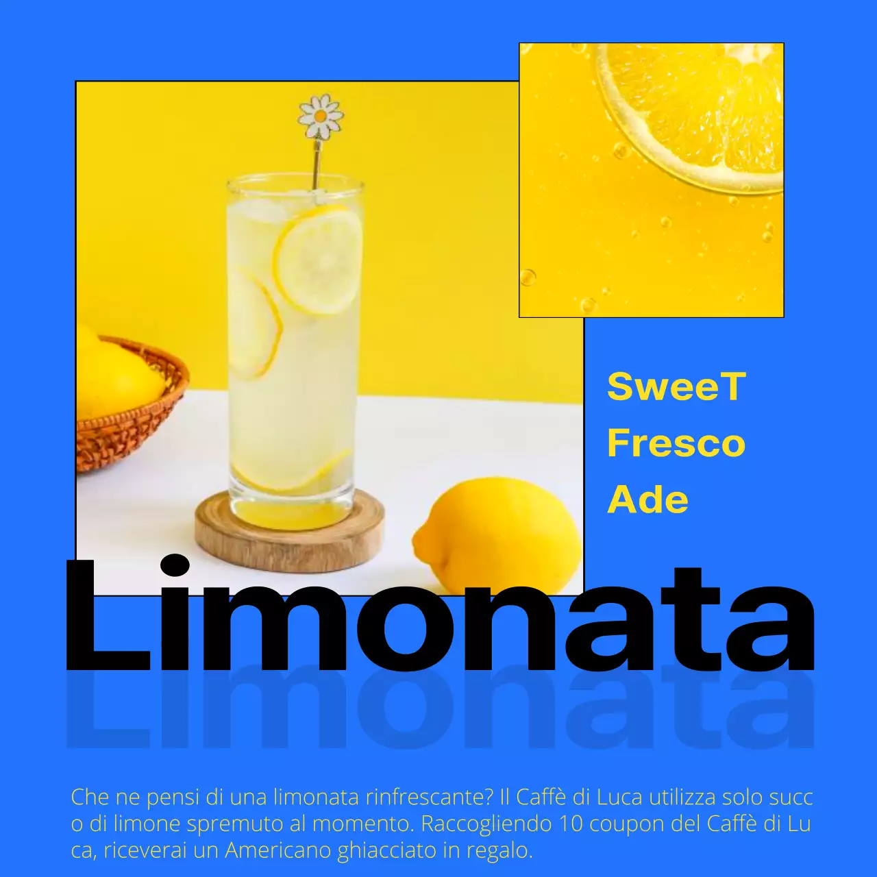 Evidenziate il testo in blu e nero per promuovere una bevanda da bar di tendenza.