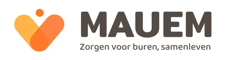 Outreach centrum logo met buurtbelangen slogan in gele en oranje symbolen