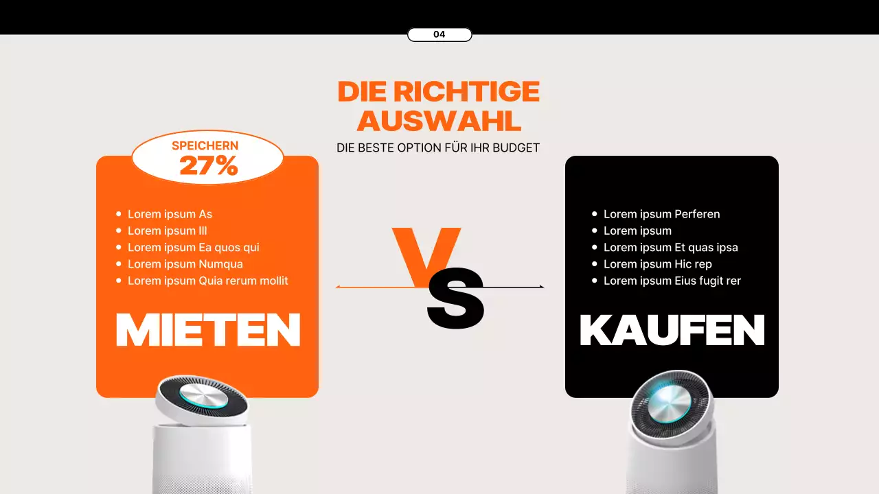 Vorschlag für einen Gerätemietservice mit orangefarbenen Elementen