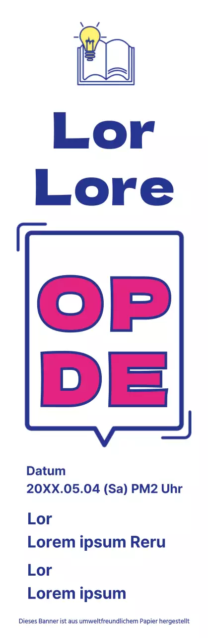 Ankündigung der Eröffnung einer Bibliothek mit einem einfachen Sprechblasentextkonzept in Marineblau und Lila