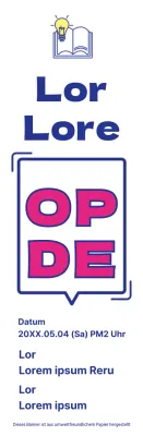 Ankündigung der Eröffnung einer Bibliothek mit einem einfachen Sprechblasentextkonzept in Marineblau und Lila