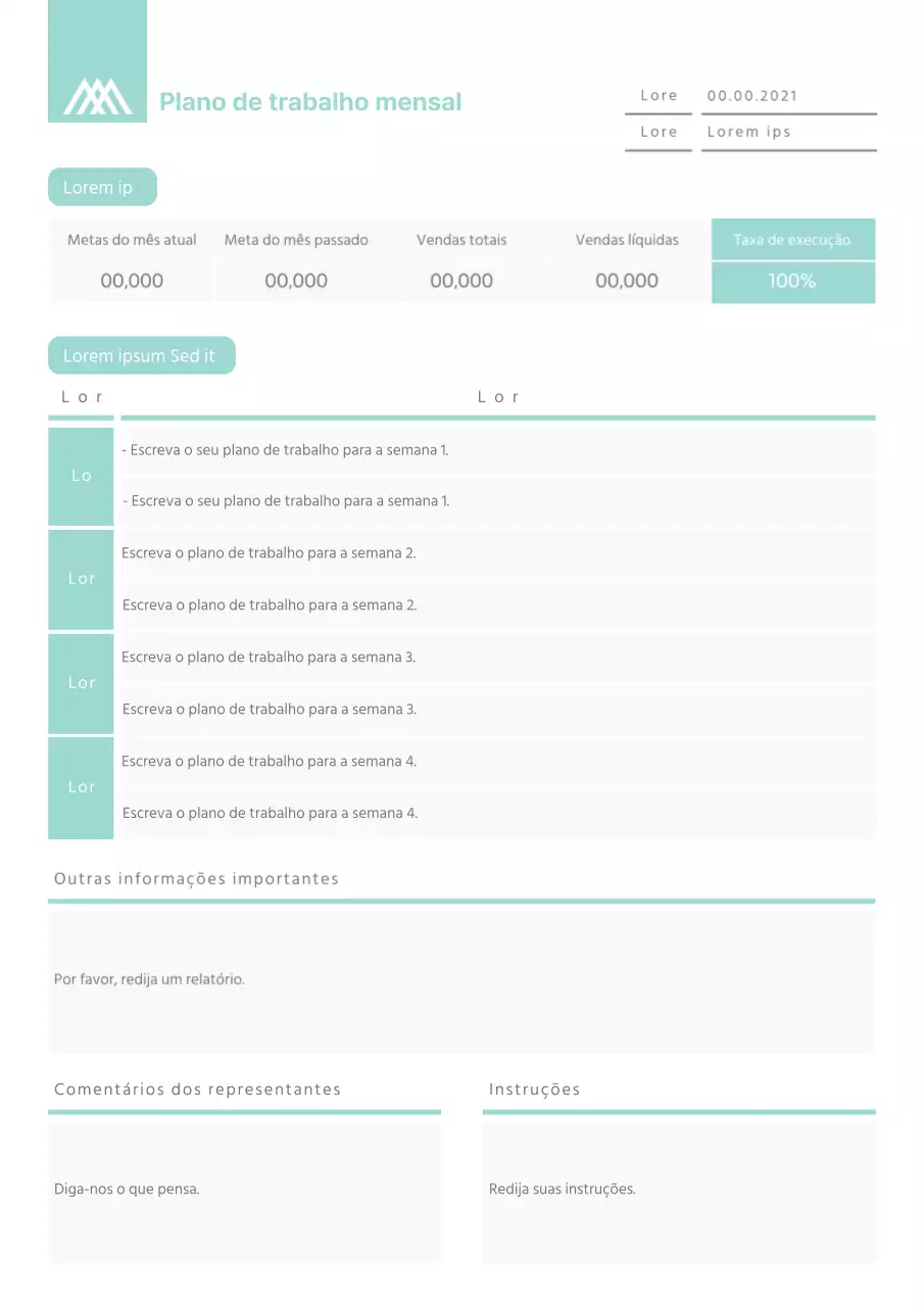 Modelo de documento de plano de trabalho mensal de conceito simples em cor de menta