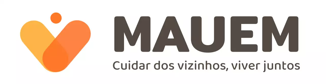 Logótipo do centro de proximidade com slogan de interesse do bairro em símbolos amarelos e laranja