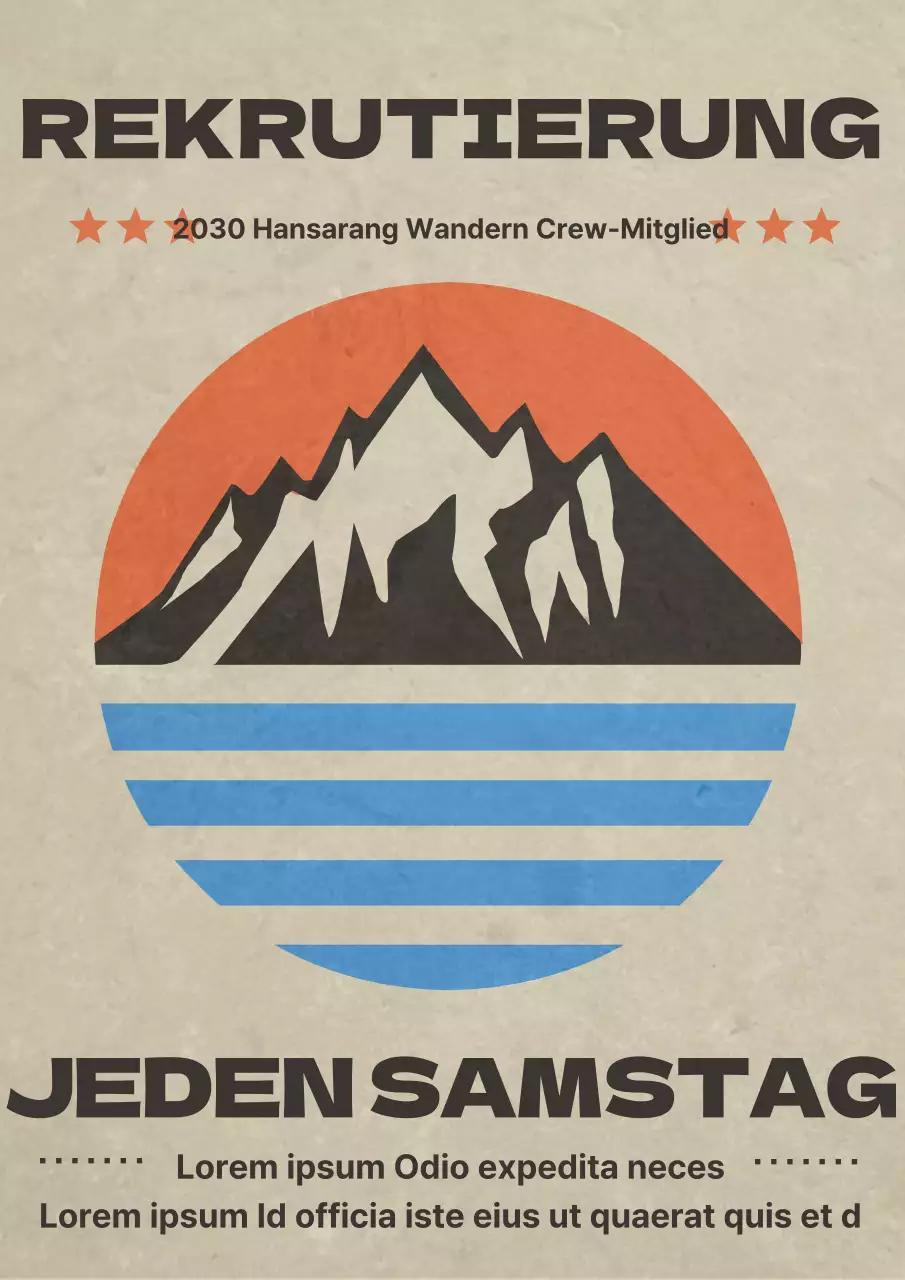 Vintage mountaineering society recruitment notice in orange und hellblau