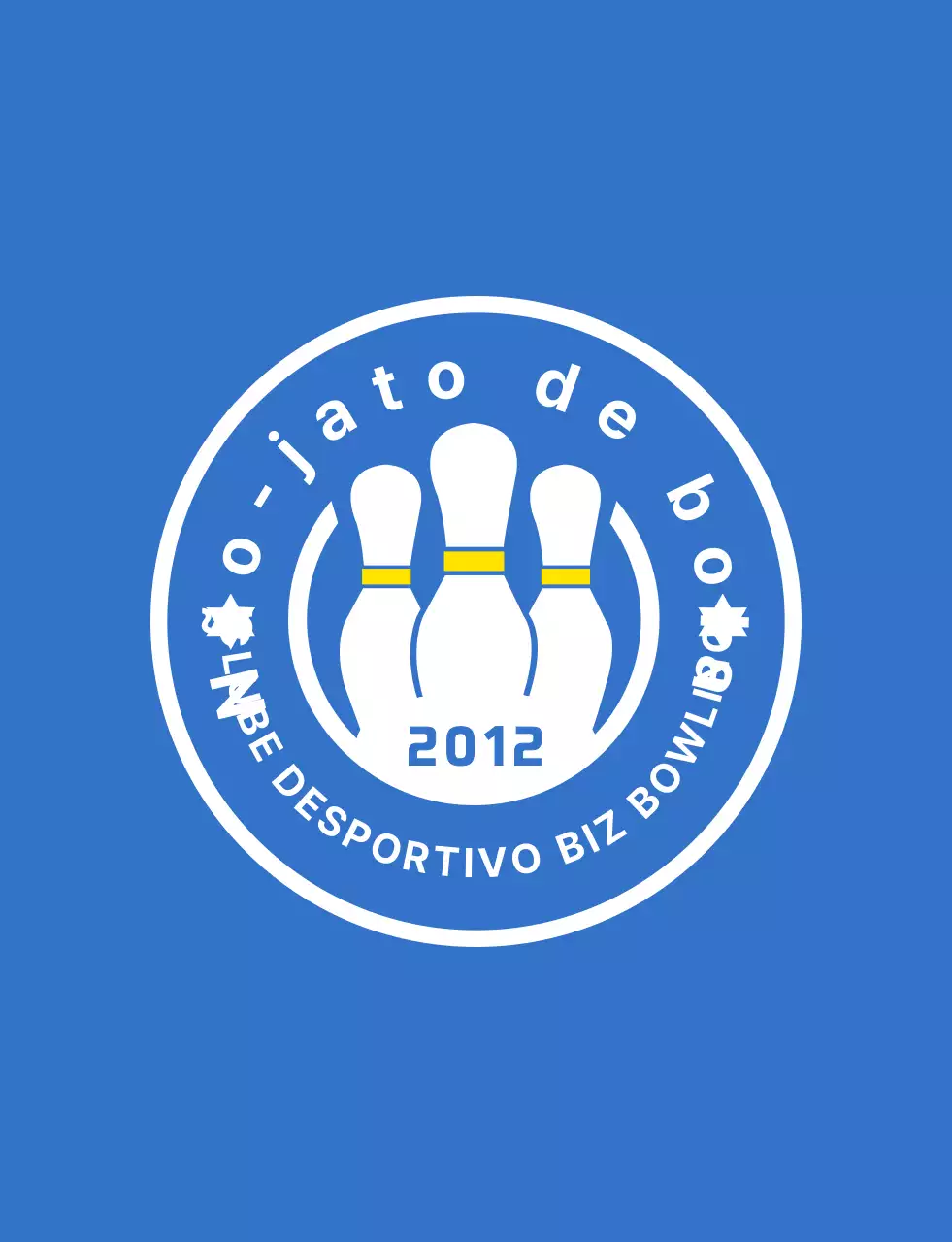 Uma ilustração e um logótipo de emblema de bowling simples em azul claro, branco e amarelo para um clube desportivo de bowling.