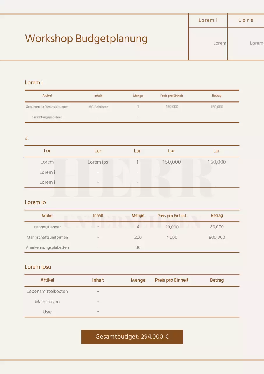 Budgetplan für eine Firmenwerkstatt in einem beigen, sauberen Stil