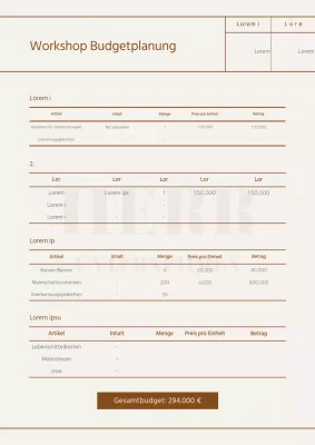 Budgetplan für eine Firmenwerkstatt in einem beigen, sauberen Stil