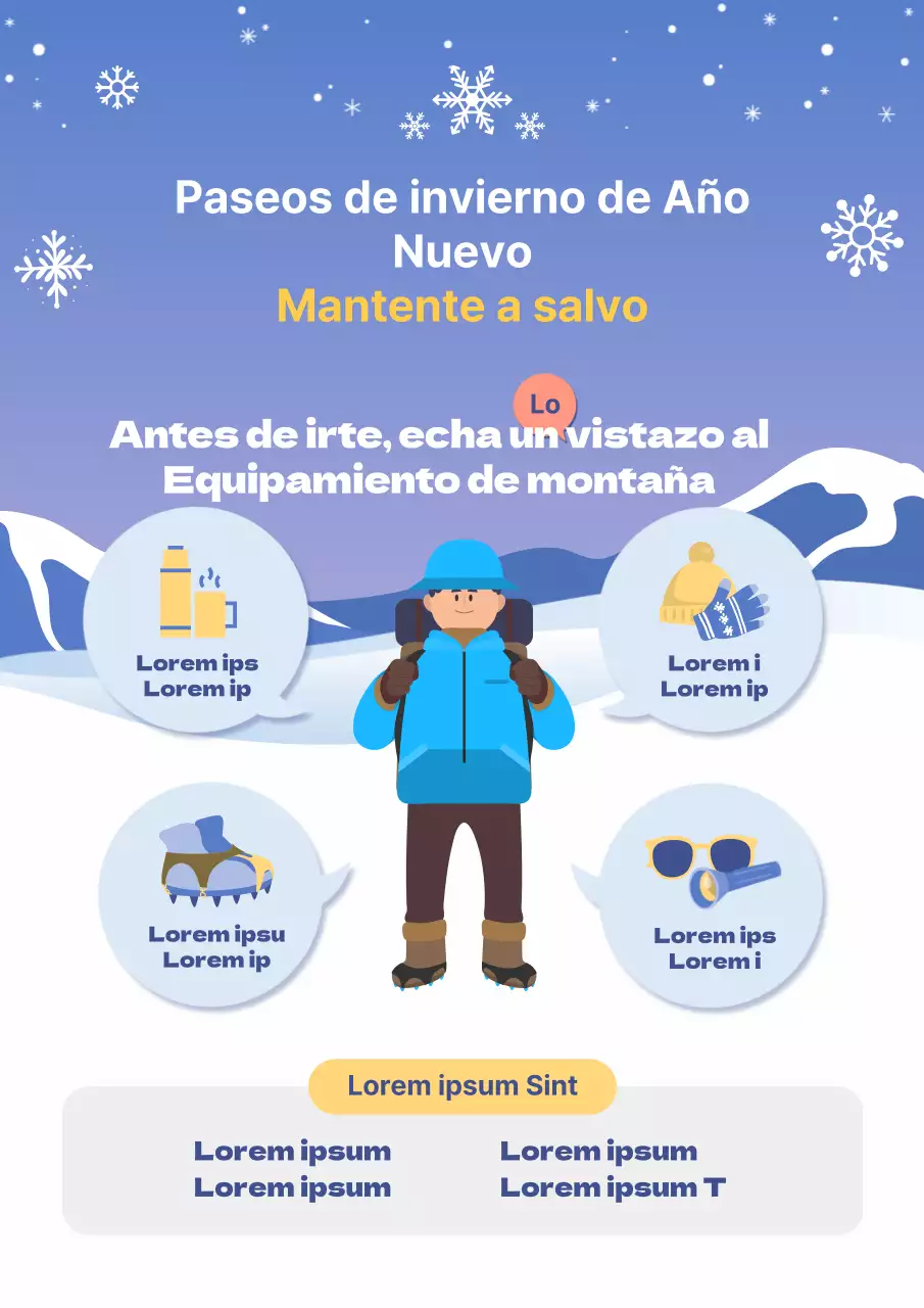 Guía de seguridad invernal en la montaña en tonos pastel de azul y amarillo