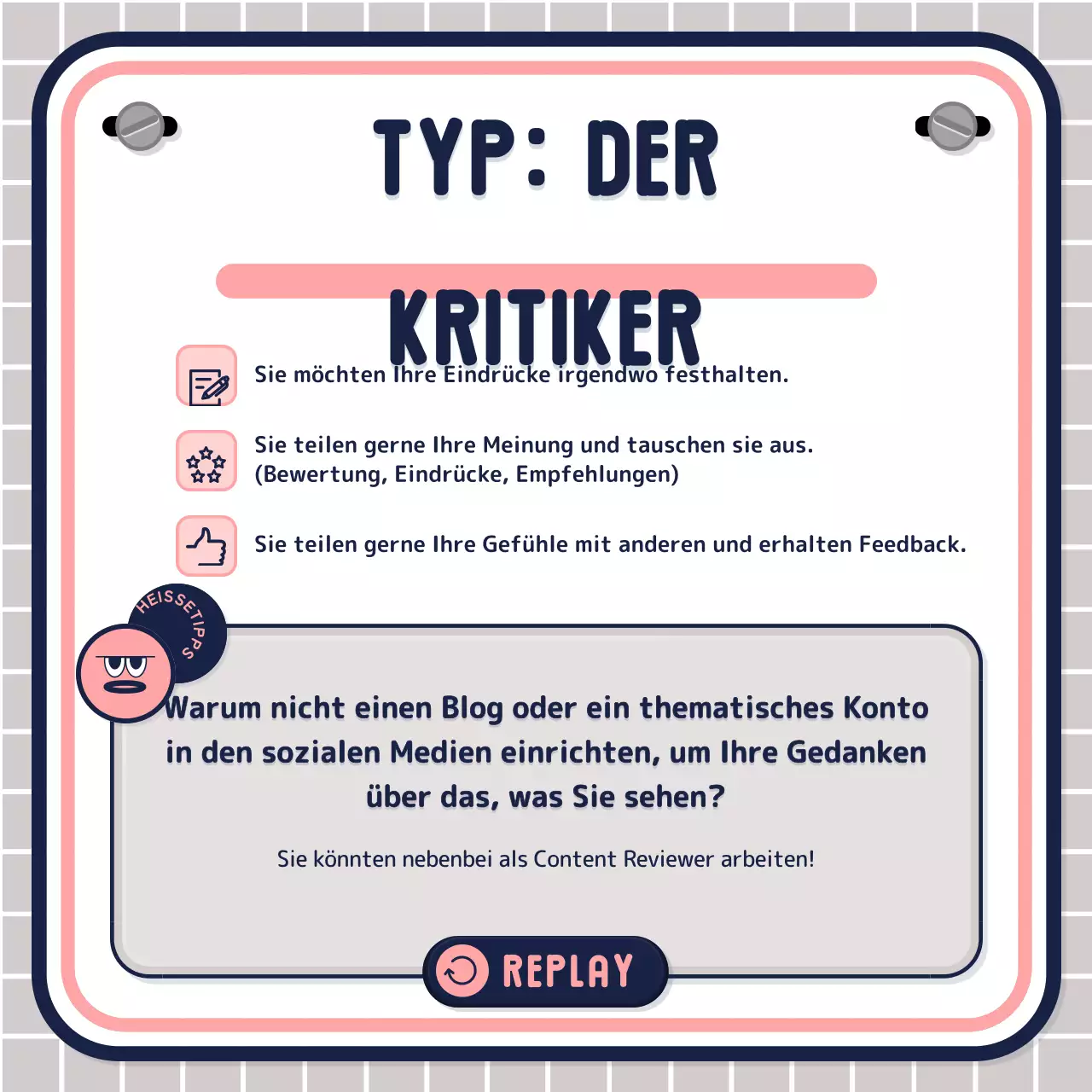 Einfacher textgesteuerter Quiz-Test in rosa-mauve-marine