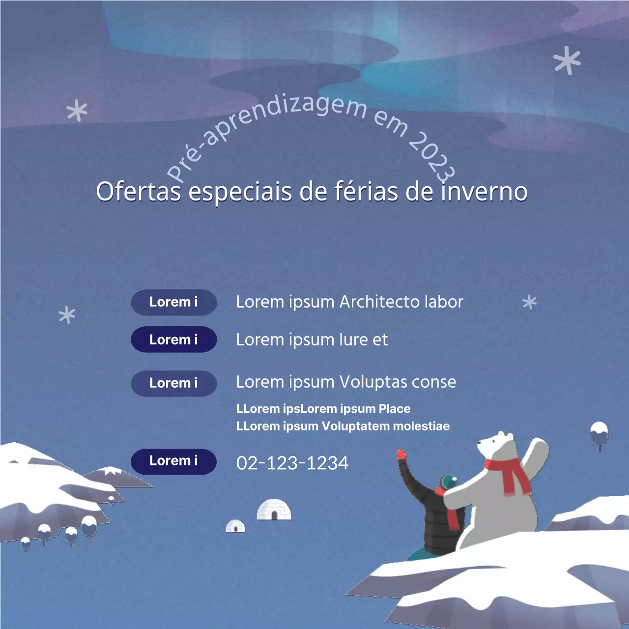 Especialidades de férias de inverno num cenário azul do Ártico