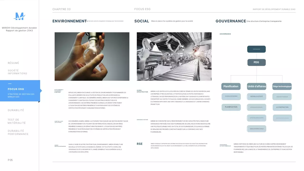 Présentation du rapport de durabilité ESG de l'entreprise en bleu clair ppt