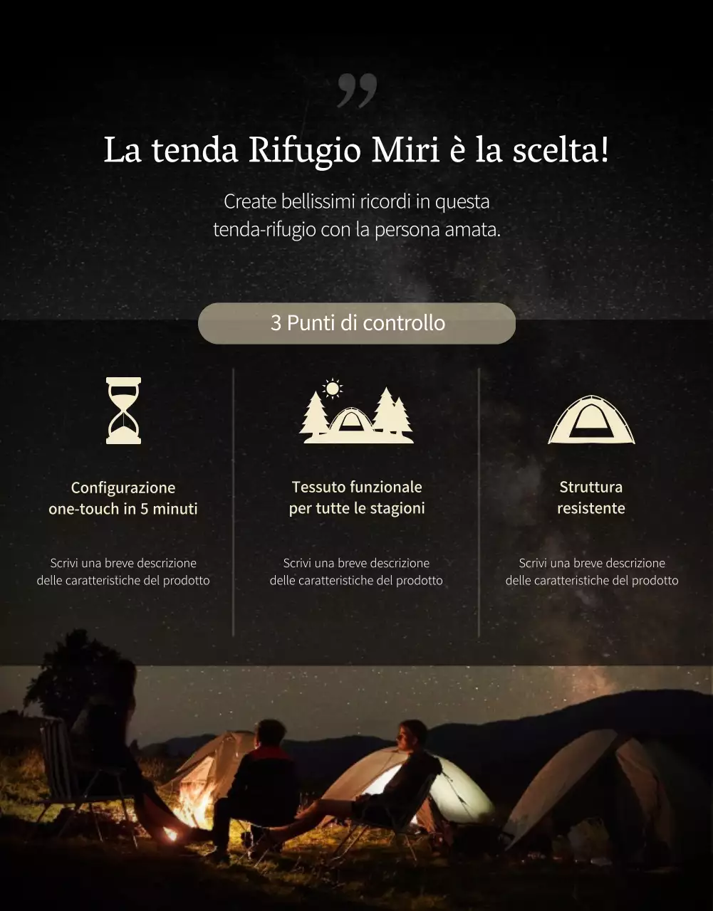 Concetto di campeggio emozionale in blu navy e beige