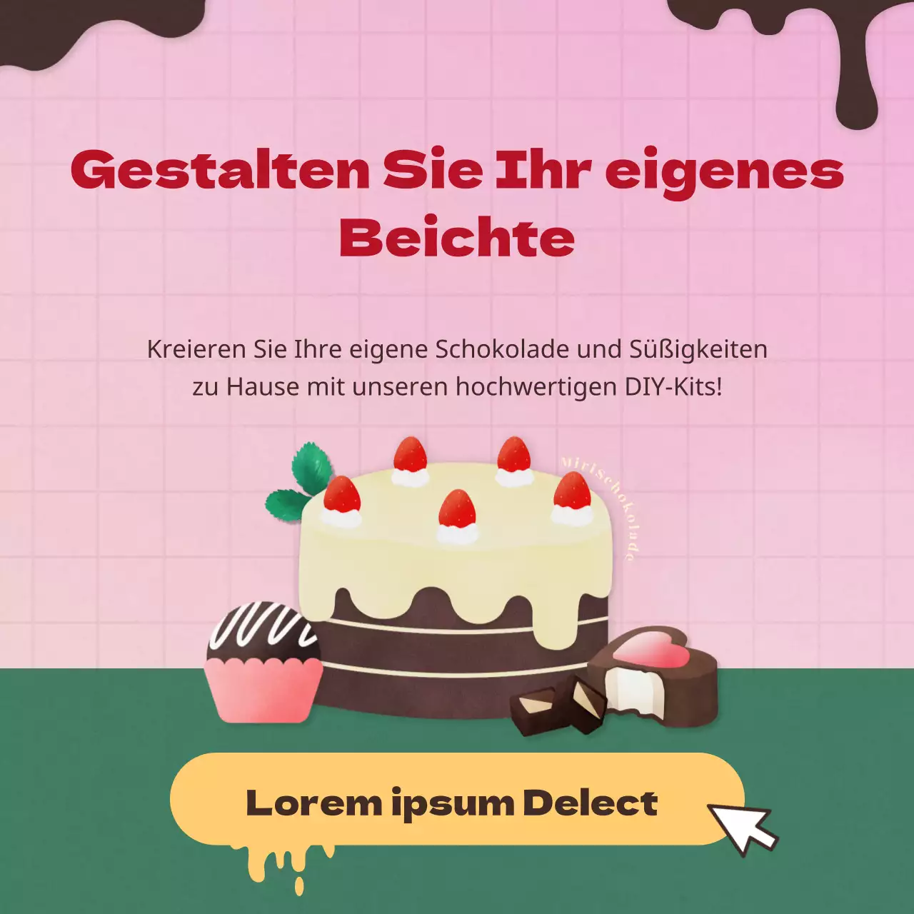 Leuchtendes, süßes und frisches Schokoladendessert-Set für den Valentinstag in Rosa und Dunkelgrün