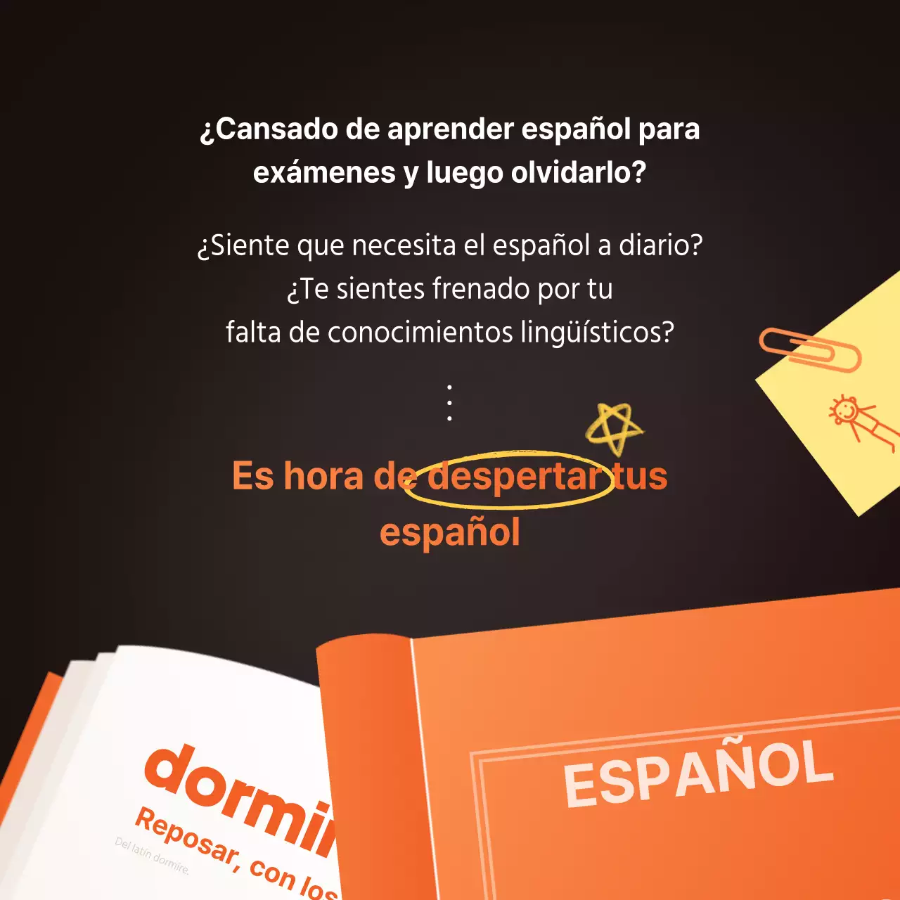 naranja amarillo marron libro ilustracion academia inglesa tarjeta publicitaria noticias
