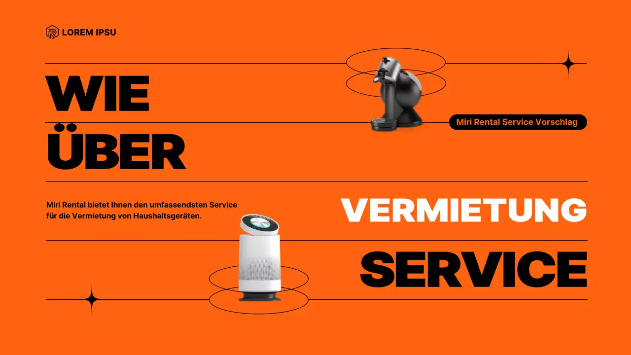 Vorschlag für einen Gerätemietservice mit orangefarbenen Elementen