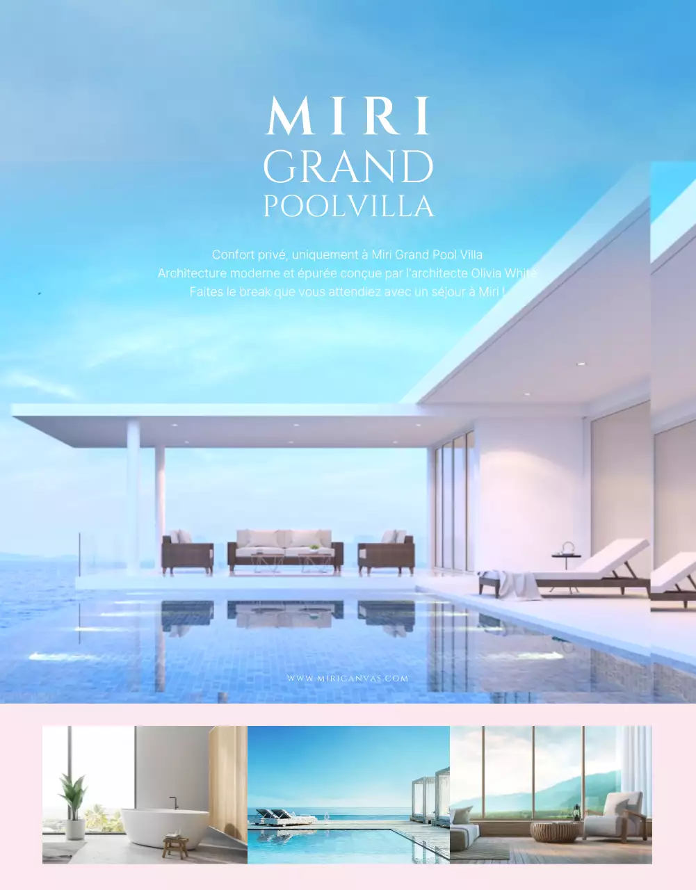 Comment réserver une villa avec piscine dont les couleurs contrastent entre le rose pâle et le bleu froid ?