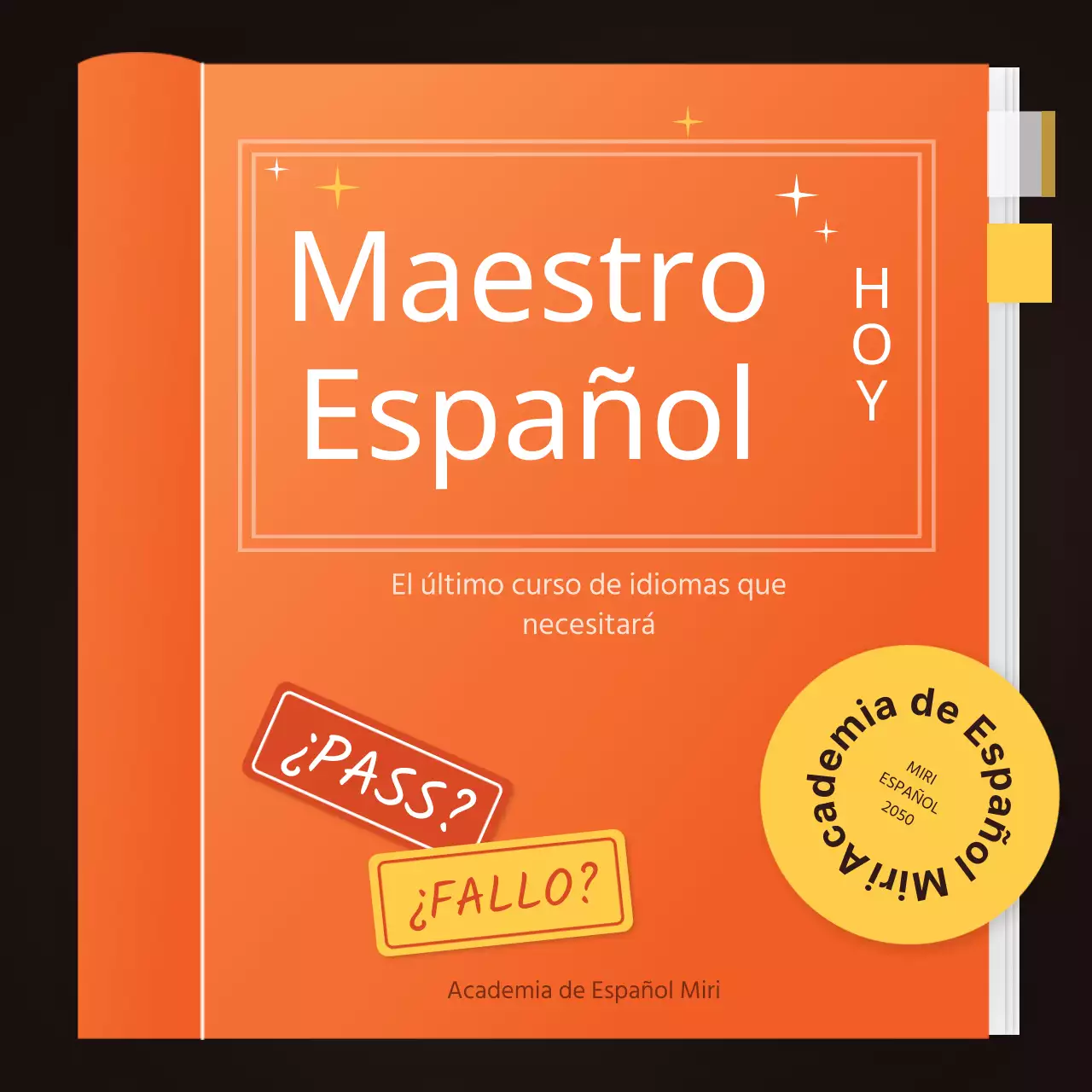 naranja amarillo marron libro ilustracion academia inglesa tarjeta publicitaria noticias