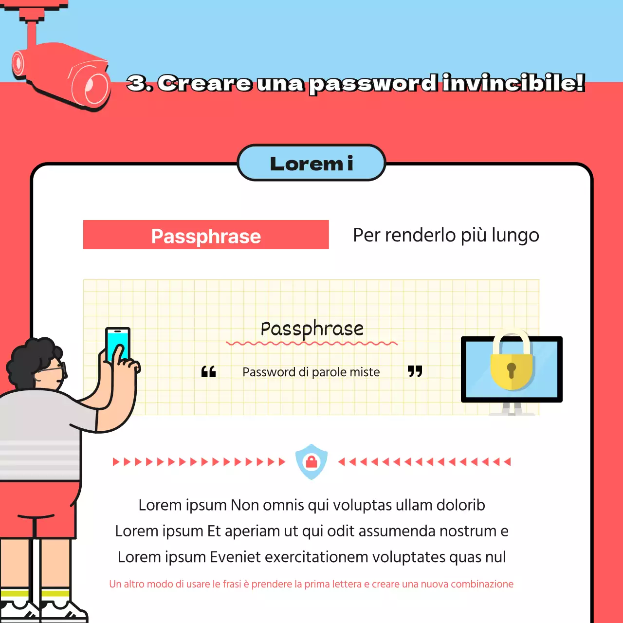 Campagna informativa sulla sicurezza delle password con illustrazione in rosso e azzurro