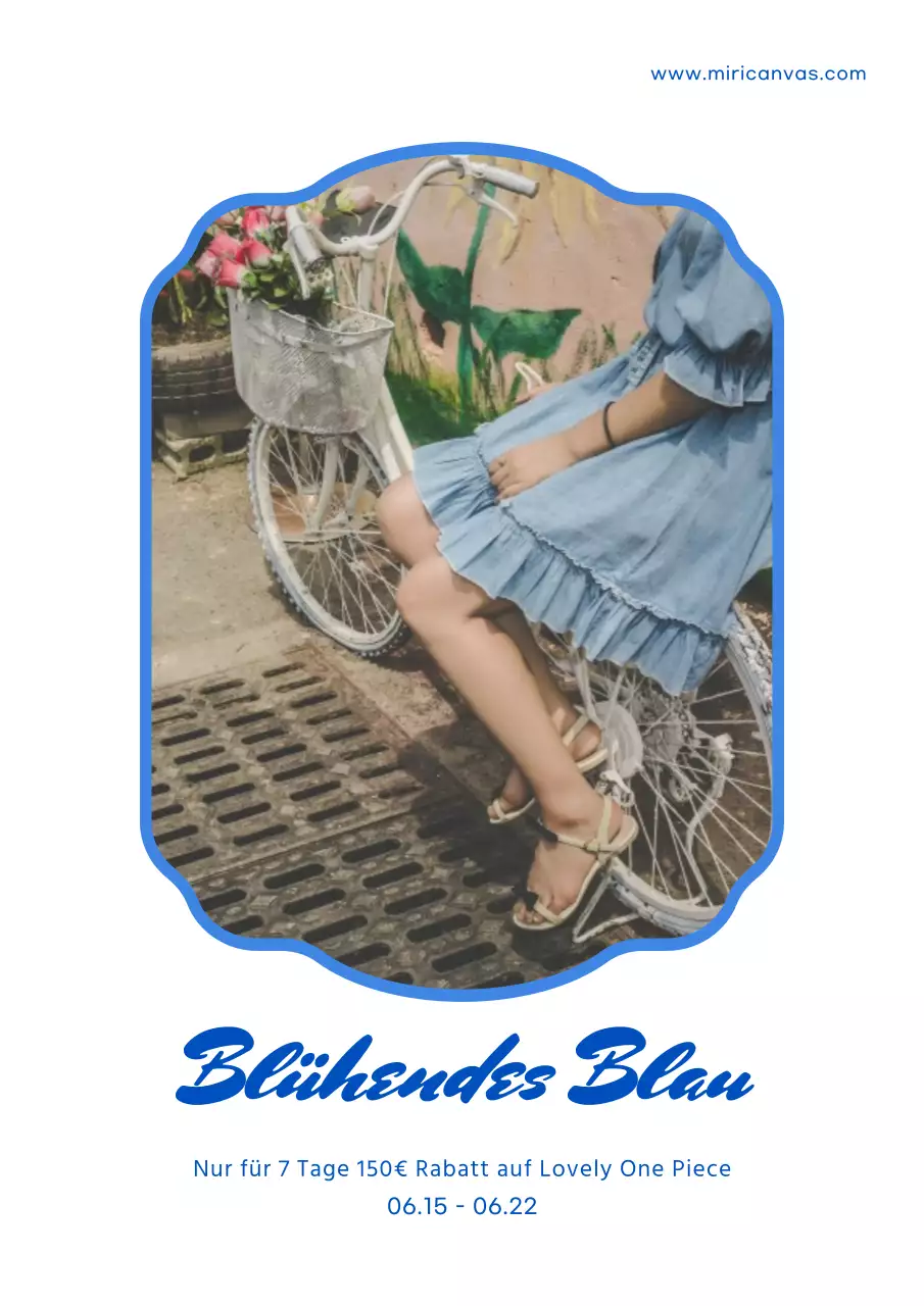 Plakat, das für einen Rabatt auf modische einteilige Damenbekleidung in Weiß und Blau wirbt