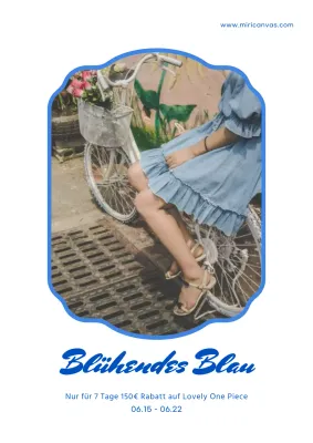 Plakat, das für einen Rabatt auf modische einteilige Damenbekleidung in Weiß und Blau wirbt