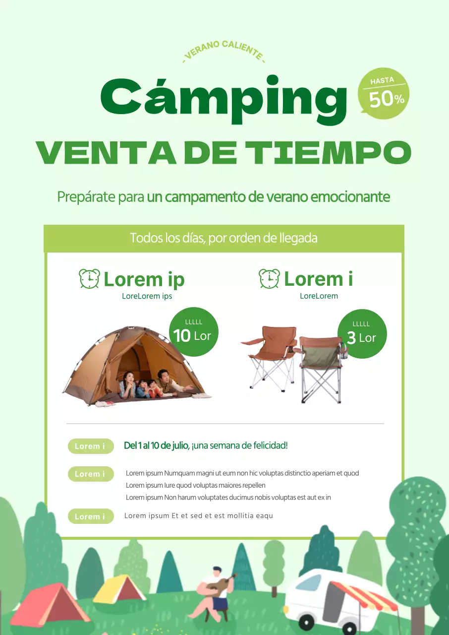Cartel de venta de camping verde lima