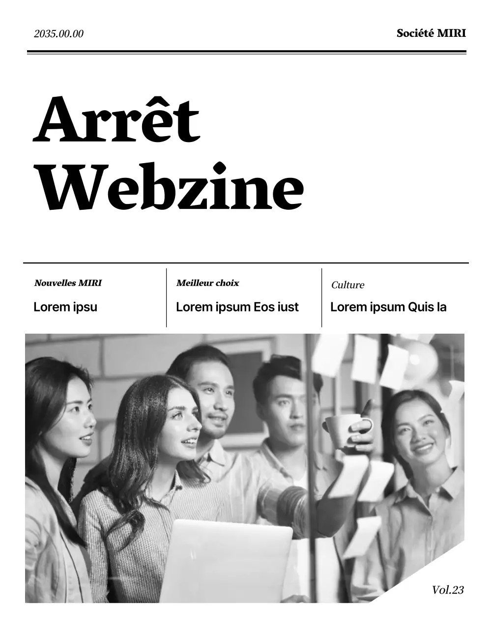 Webzine d'entreprise avec une mise en page de magazine en noir et blanc et en bleu