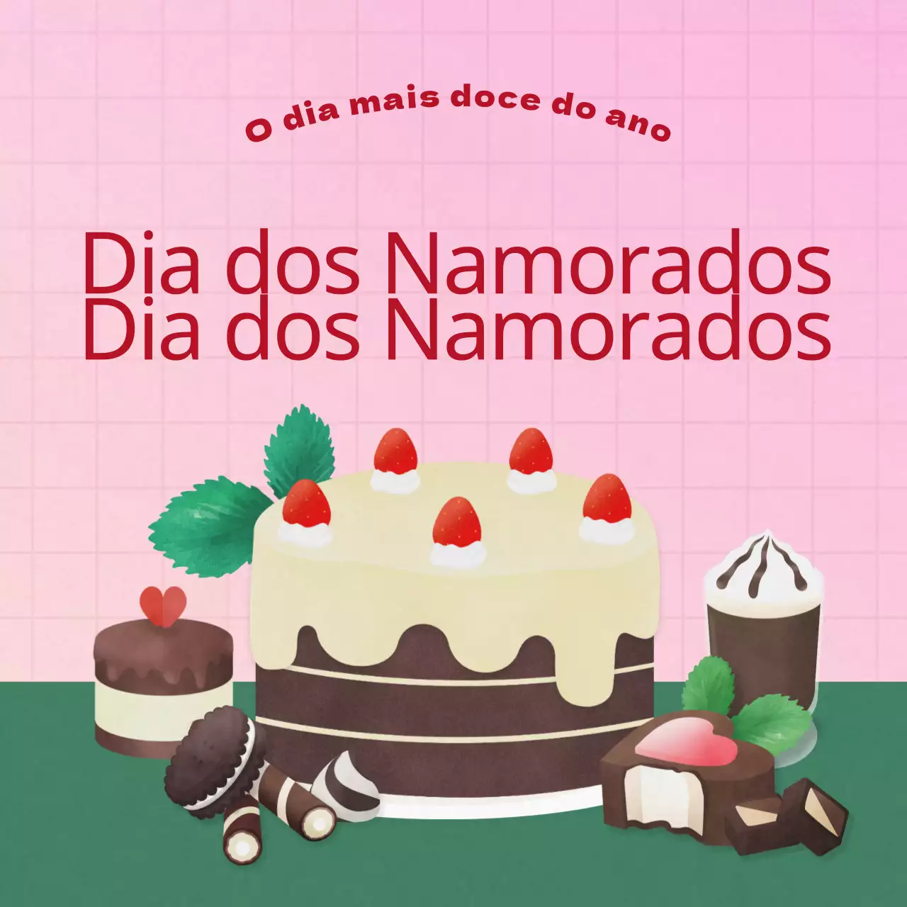 Kit de sobremesa de chocolate brilhante, doce e fresco para o Dia dos Namorados em rosa e verde profundo