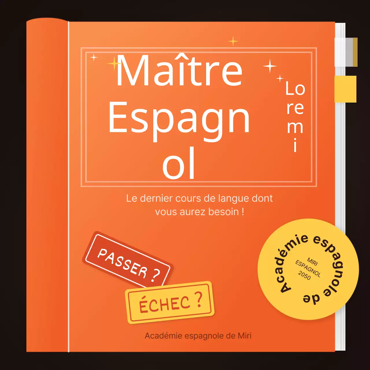 orange jaune marron livre illustration académie d'anglais carte publicitaire nouvelles