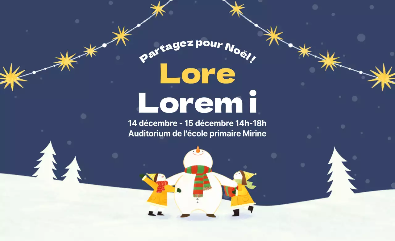Concevoir un hot pack promotionnel pour un bazar de charité avec une illustration d'un mignon bonhomme de neige et d'enfants.