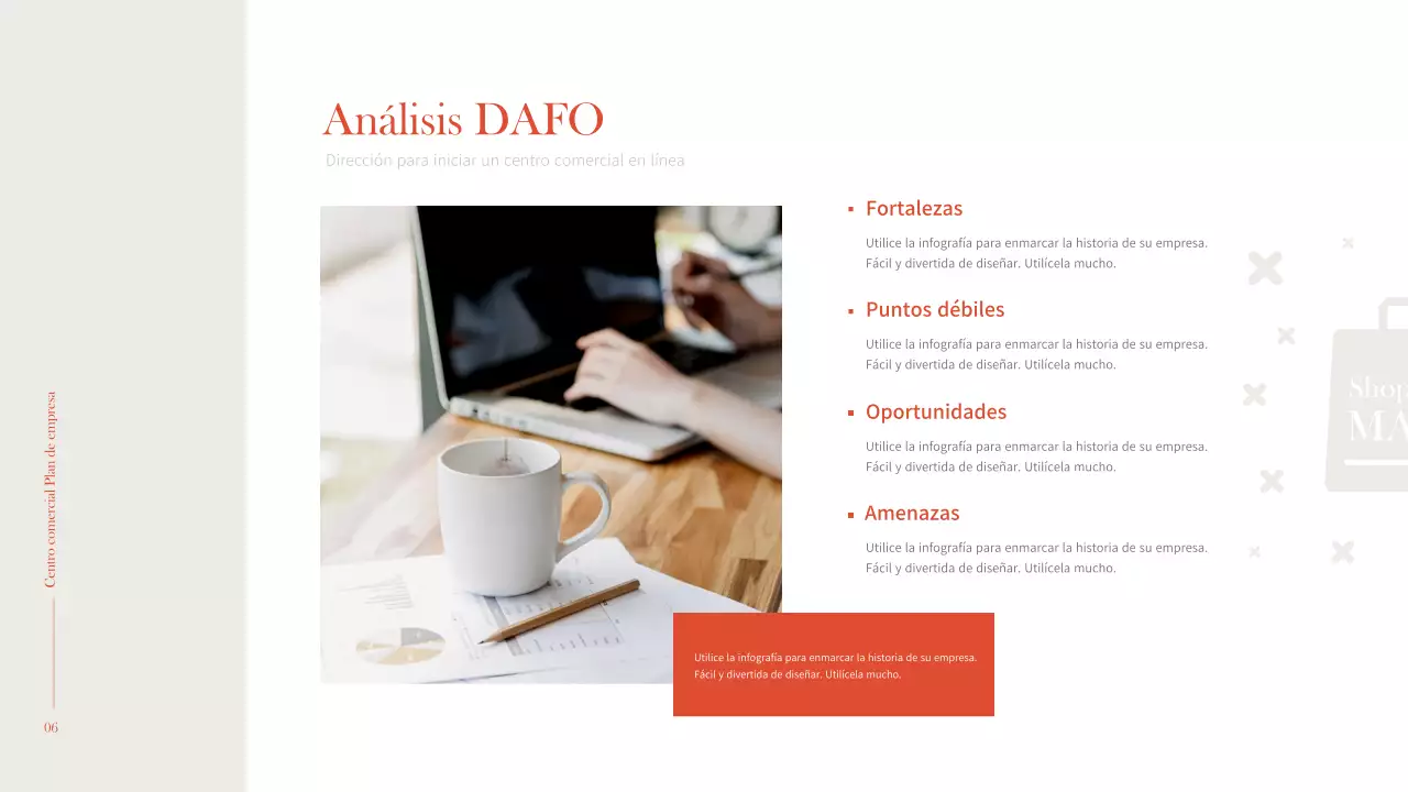 Interior sencillo y cálido en naranja y marrón Plan de negocio de un centro comercial