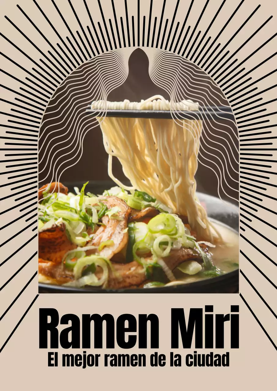 Cartel de restaurante de ramen con motivos orientales en beige y negro