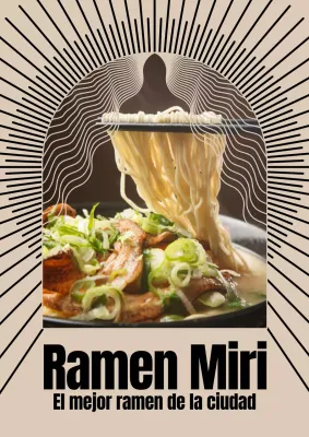 Cartel de restaurante de ramen con motivos orientales en beige y negro