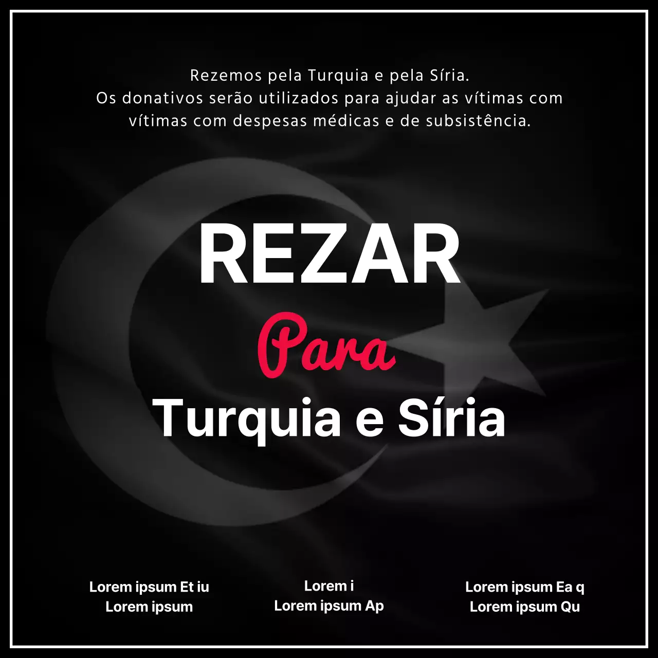 Instruções de doação por terramoto com texto realçado num fundo preto