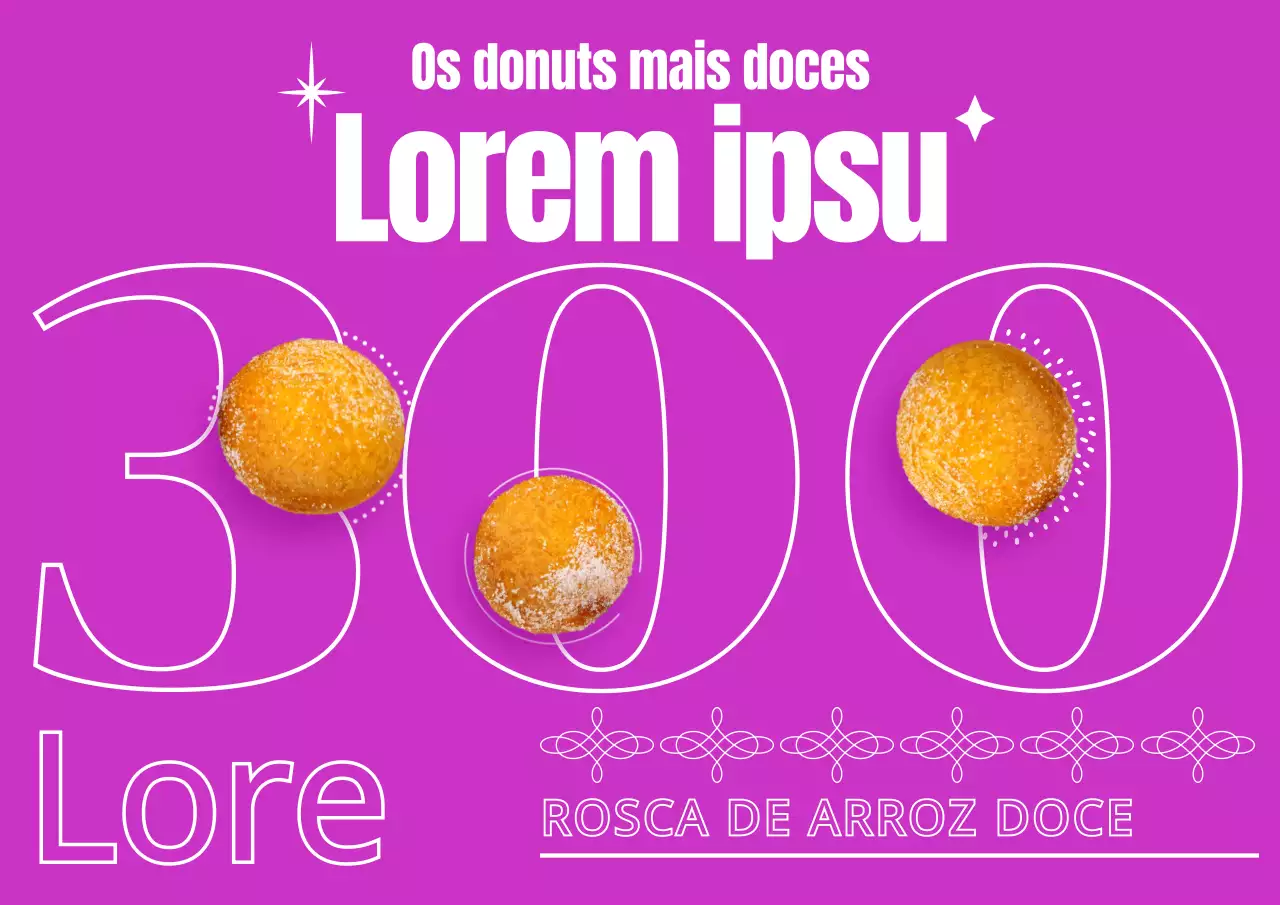 Um cartaz de comida de rua com tipografia e uma fotografia de um donut de arroz glutinoso em cor-de-rosa primário.