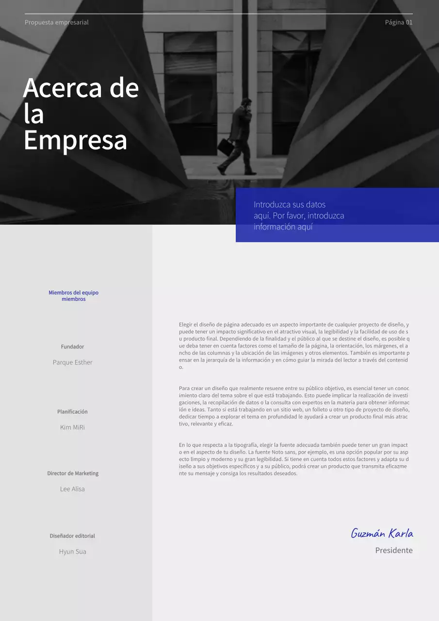 Propuesta de negocio con un concepto moderno en azul y gris