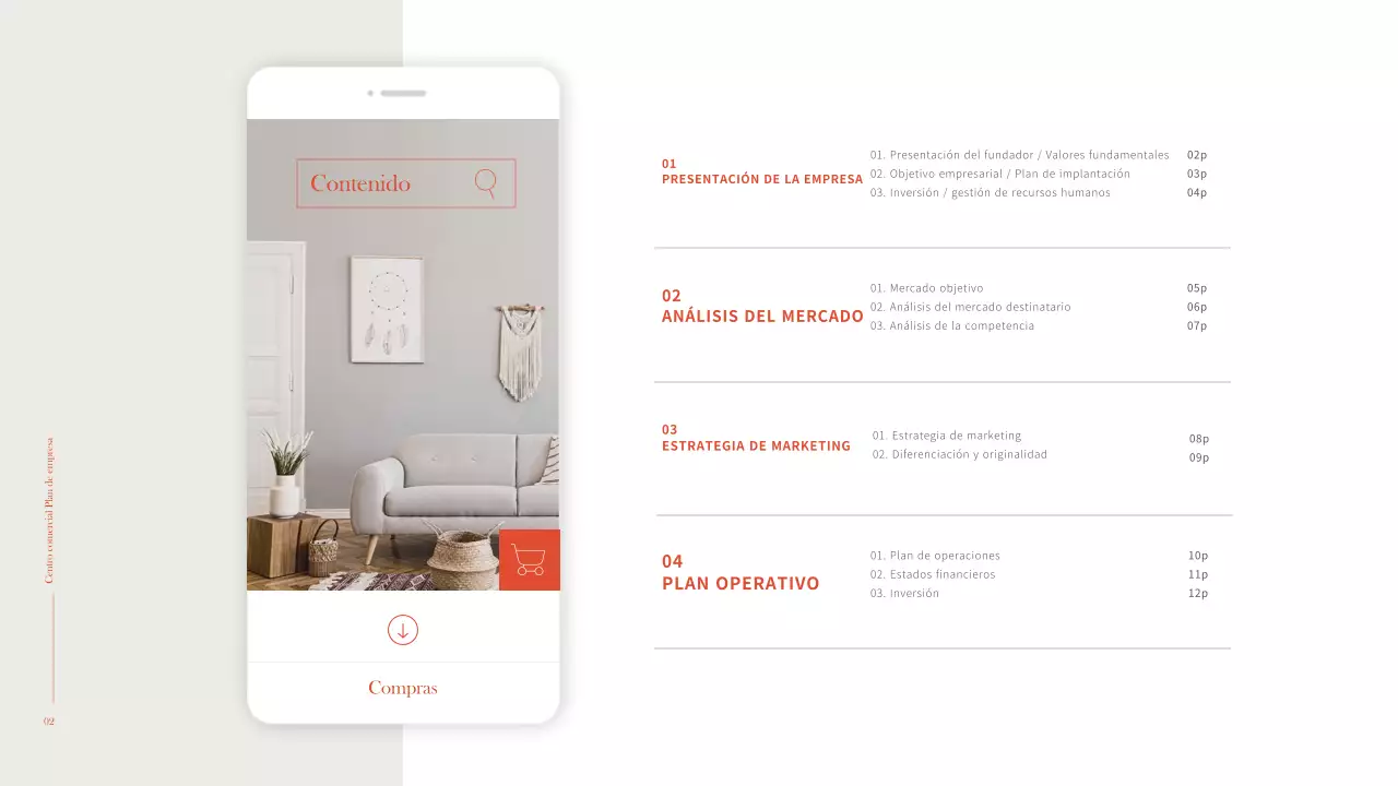 Interior sencillo y cálido en naranja y marrón Plan de negocio de un centro comercial