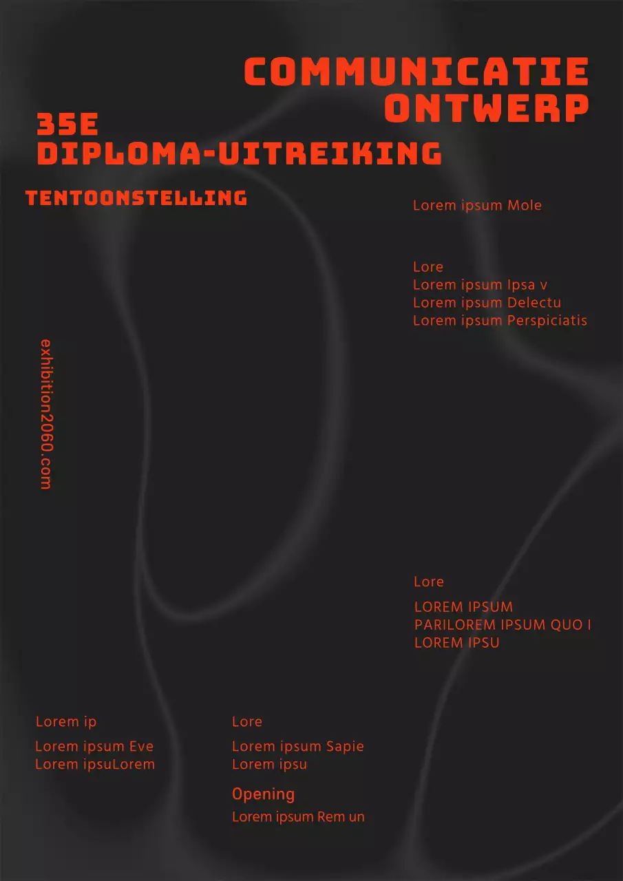 Een eenvoudige afstudeertentoonstelling met een zwart marmeren achtergrond