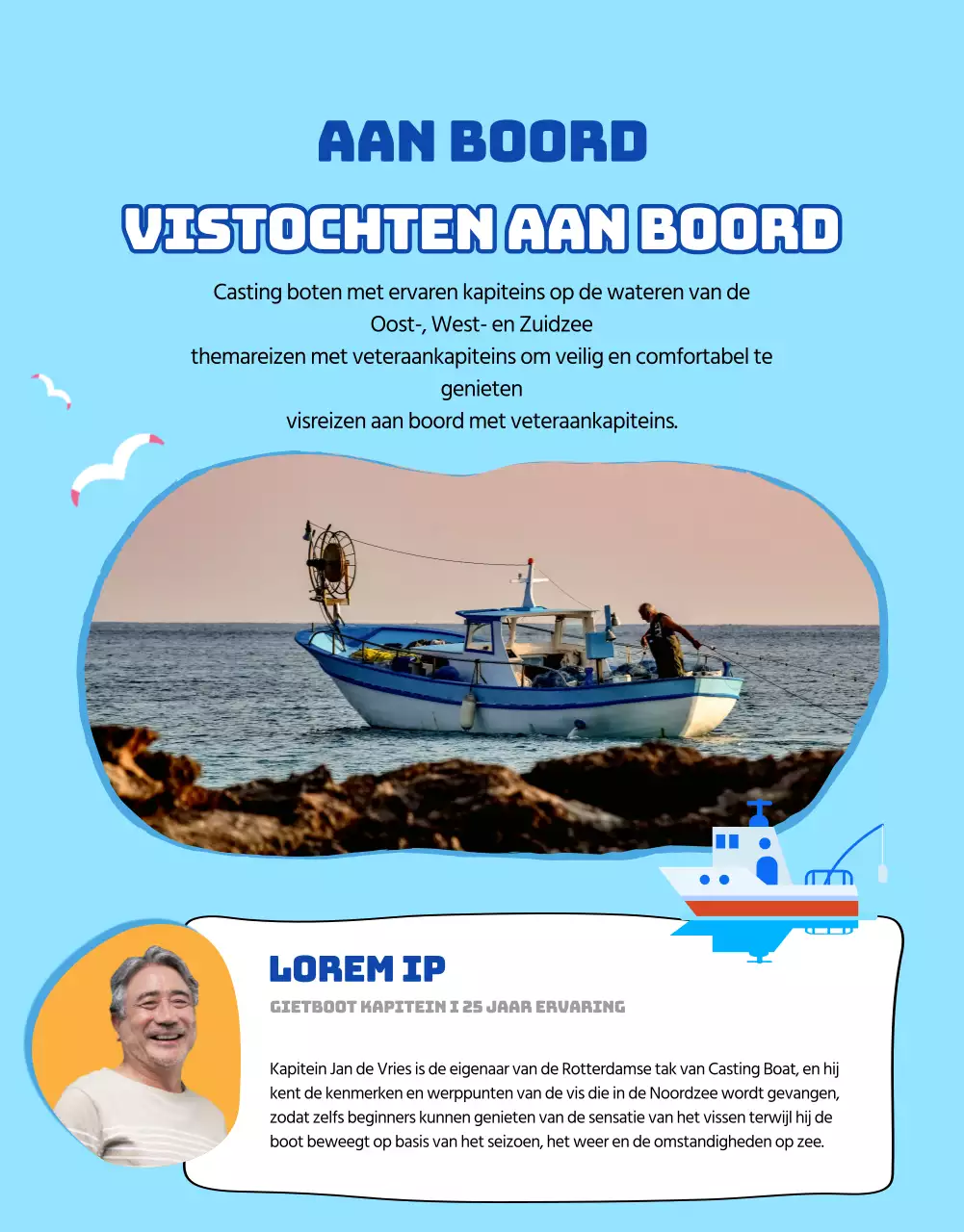 Advertentie voor een visreis naar de blauwe wateren van de wereld