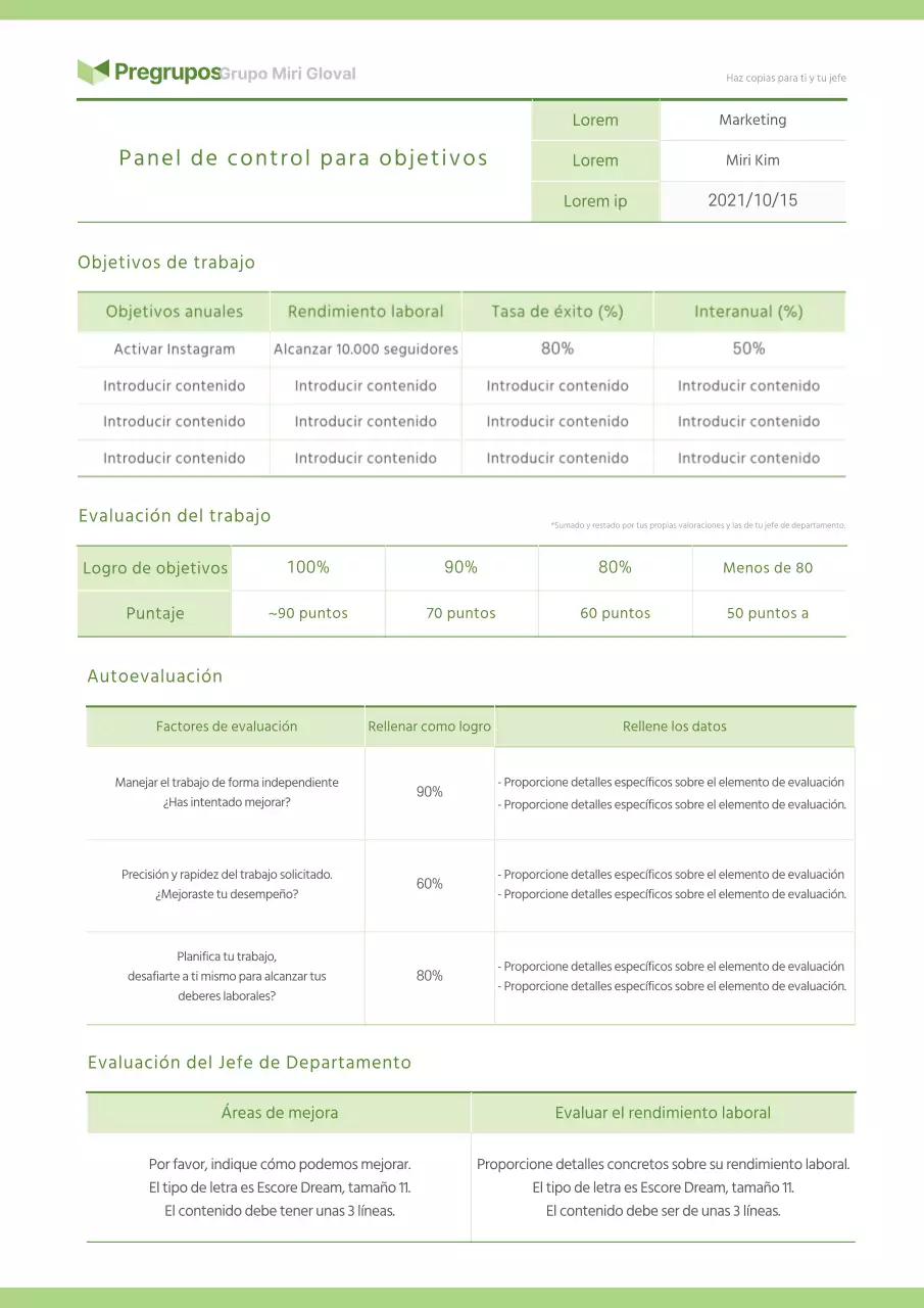 Tarjeta de puntuación de objetivos corporativos en chartreuse