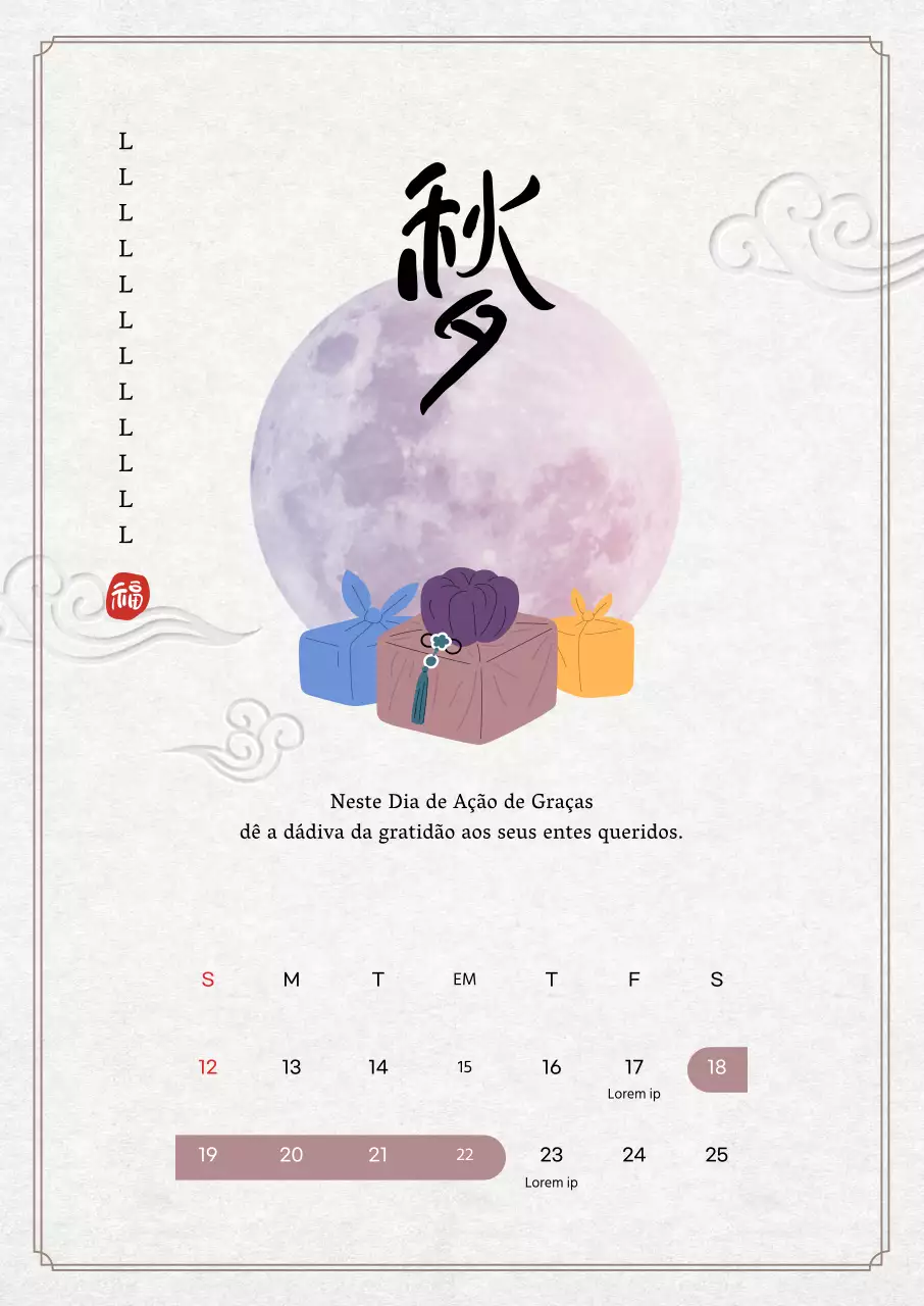 Cartaz de entrega Chuseok em tons de roxo com ilustração da lua cheia e conceito de caligrafia