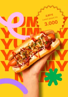 Cartel amarillo y naranja para el menú de la comida