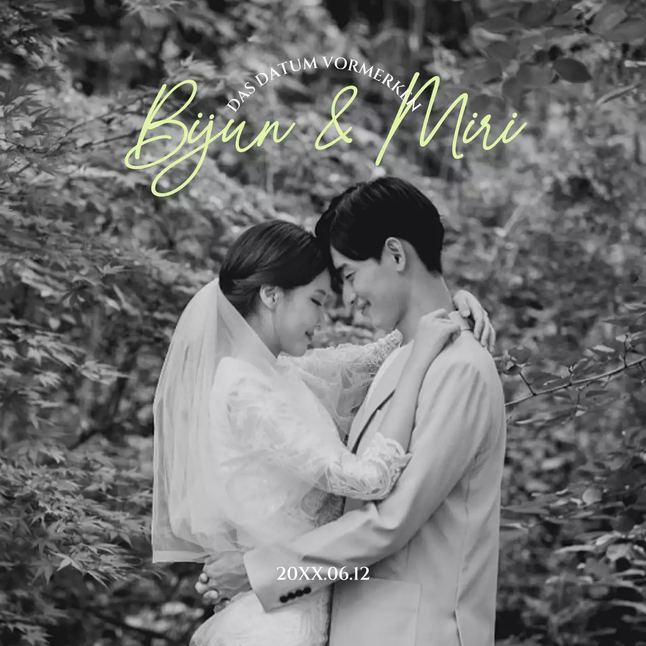 Hochzeitseinladung in Schwarz und Weiß mit grünen Akzenten