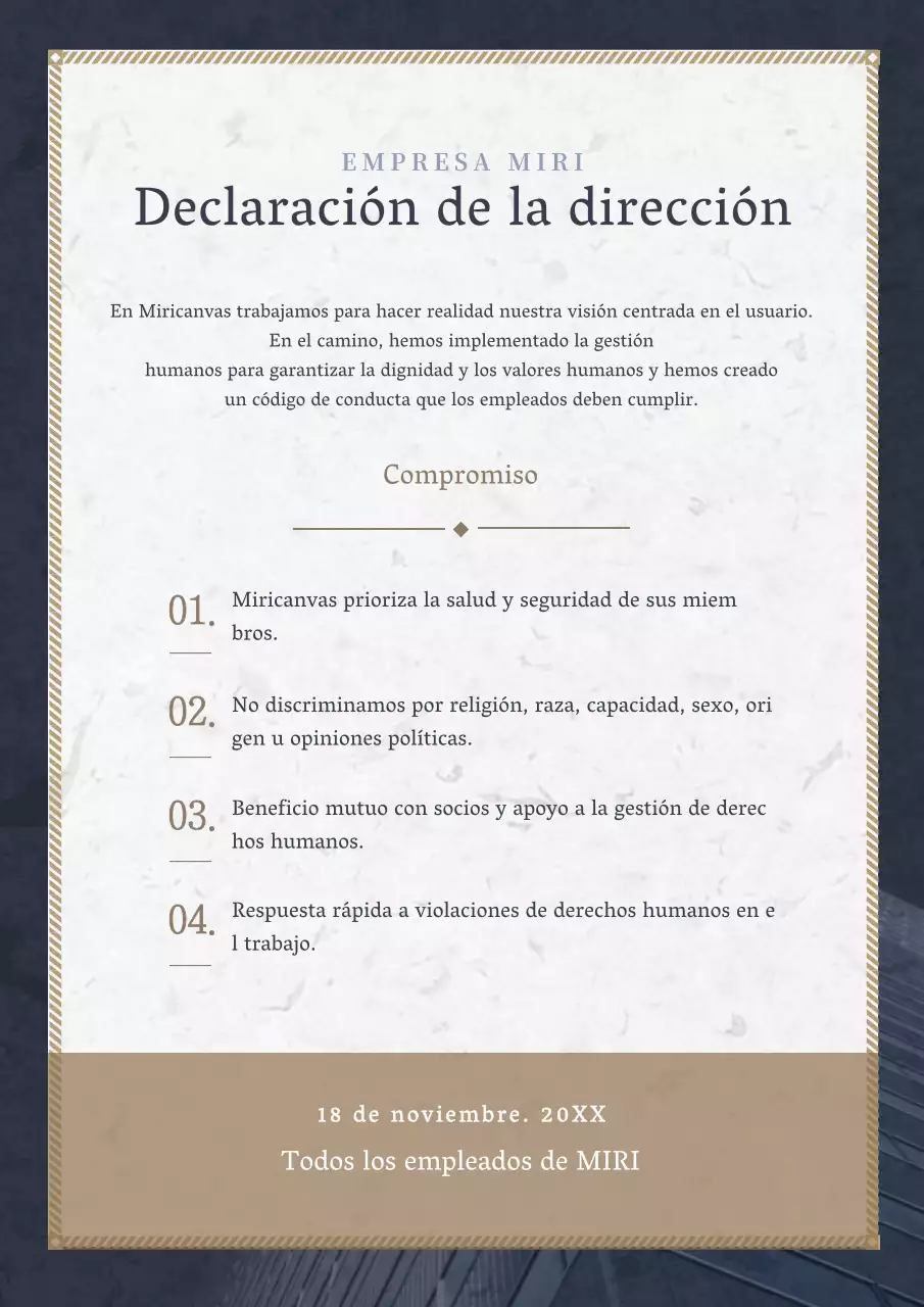 Un manifiesto empresarial en azul marino y marrón