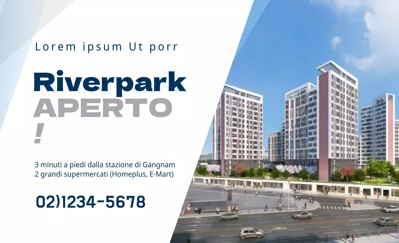 Stile di layout semplice e pulito con foto e testo in blu navy e grigio. Informazioni sull'apertura dell'appartamento